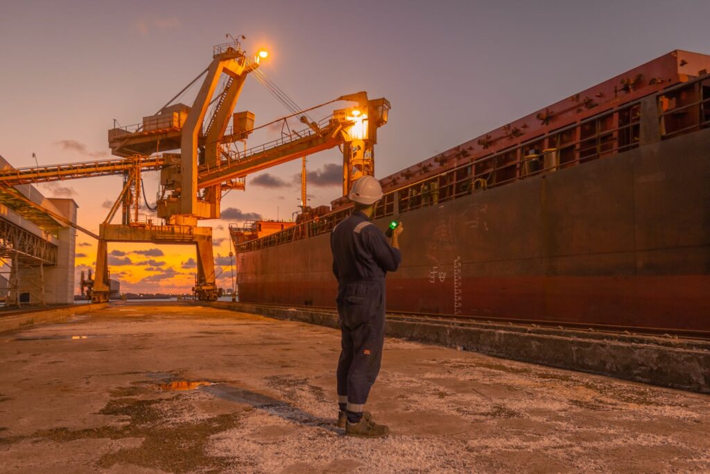 Engineer in coveralls and hard hat inspecting a bulk carrier at port