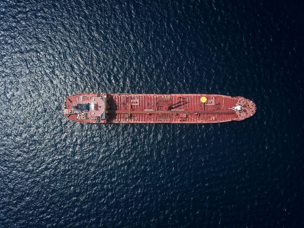 Aerial view of a tanker ship at sea