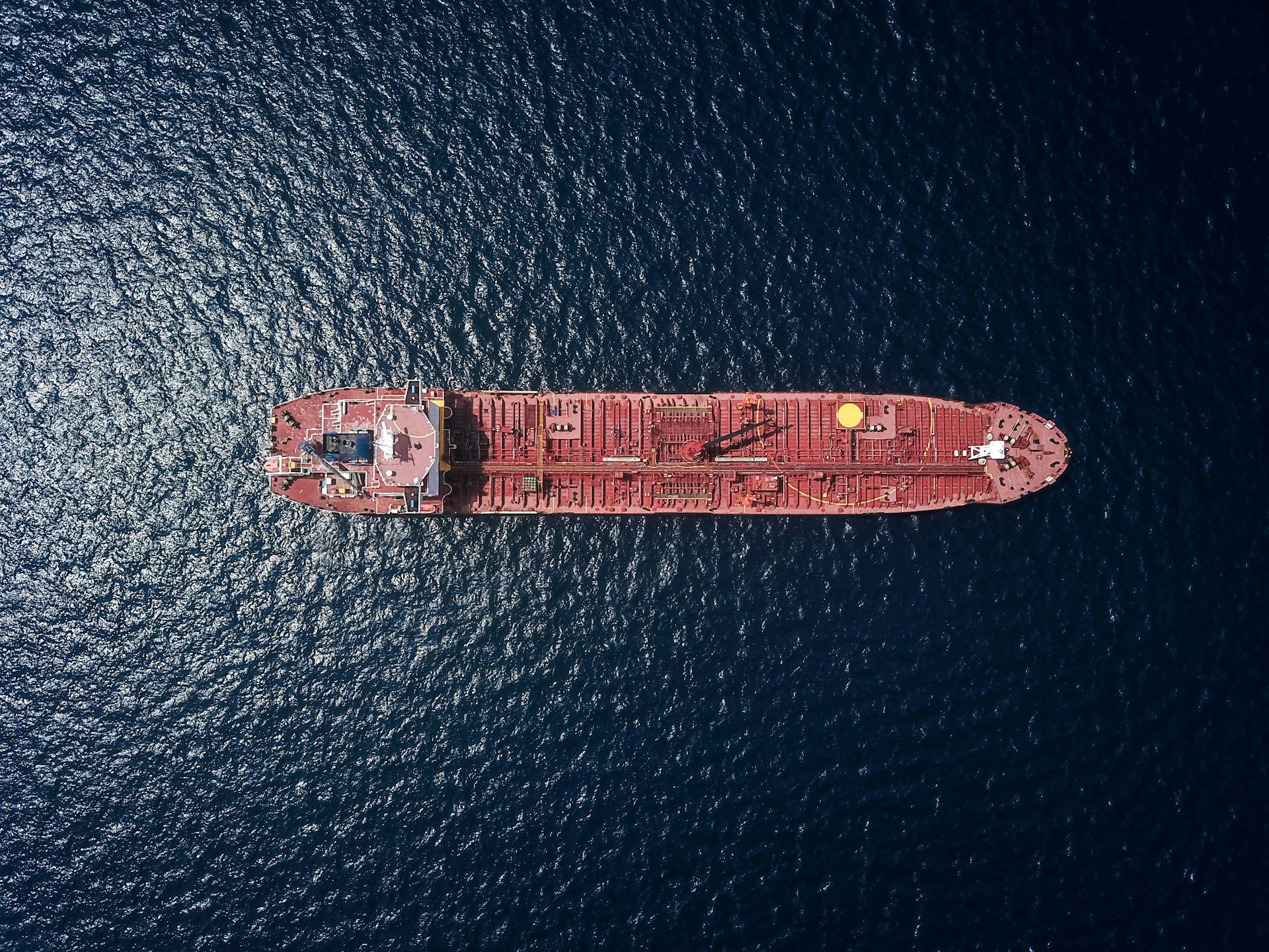 Aerial view of a tanker ship at sea